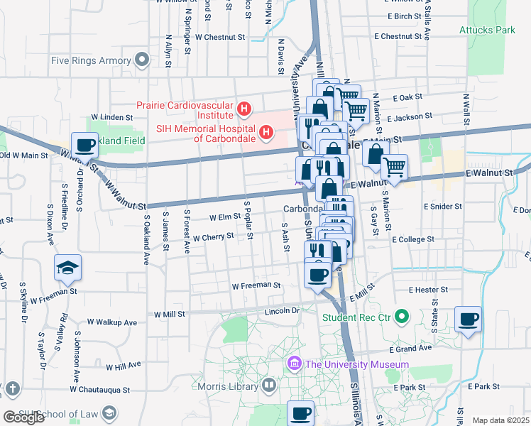 map of restaurants, bars, coffee shops, grocery stores, and more near 399 South Beveridge Street in Carbondale