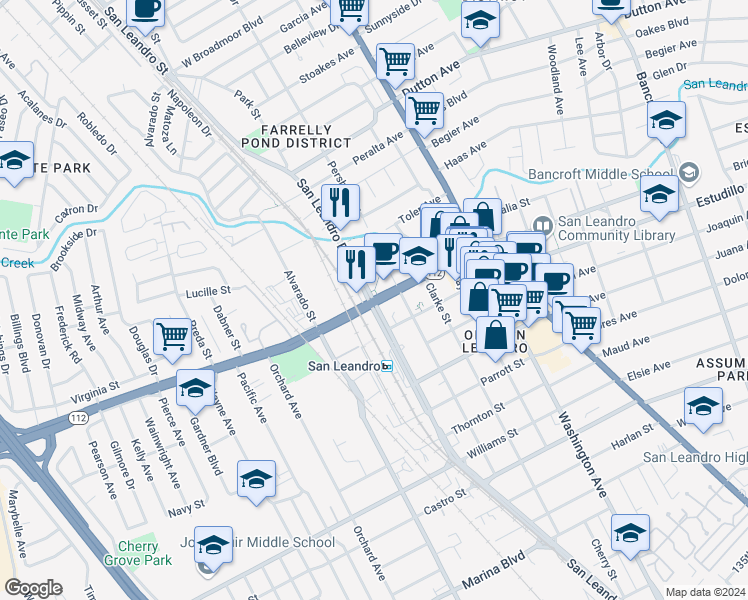 map of restaurants, bars, coffee shops, grocery stores, and more near Davis Street & San Leandro Boulevard in San Leandro