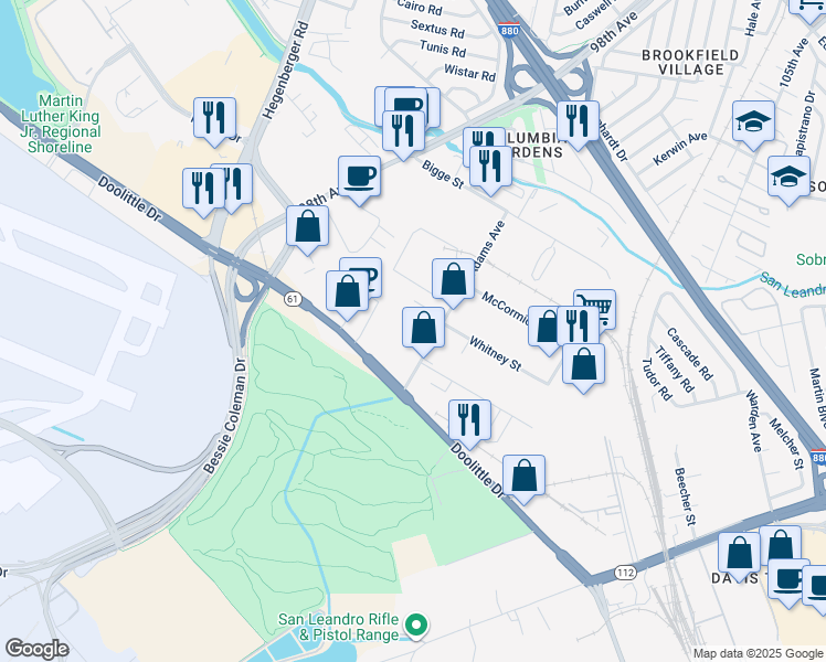map of restaurants, bars, coffee shops, grocery stores, and more near 2150-2170 Adams Avenue in San Leandro