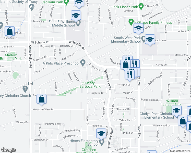map of restaurants, bars, coffee shops, grocery stores, and more near 1373 Sienna Park Drive in Tracy