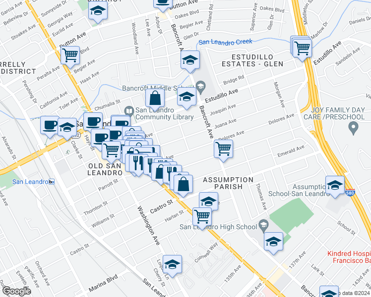 map of restaurants, bars, coffee shops, grocery stores, and more near 1567 Santa Maria Street in San Leandro