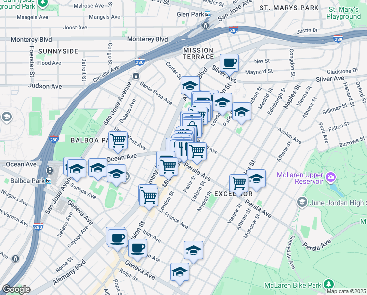 map of restaurants, bars, coffee shops, grocery stores, and more near 4648 Mission Street in San Francisco
