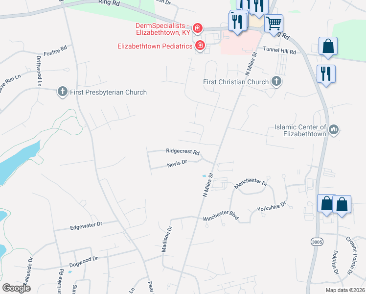 map of restaurants, bars, coffee shops, grocery stores, and more near 410 Ridgecrest Road in Elizabethtown