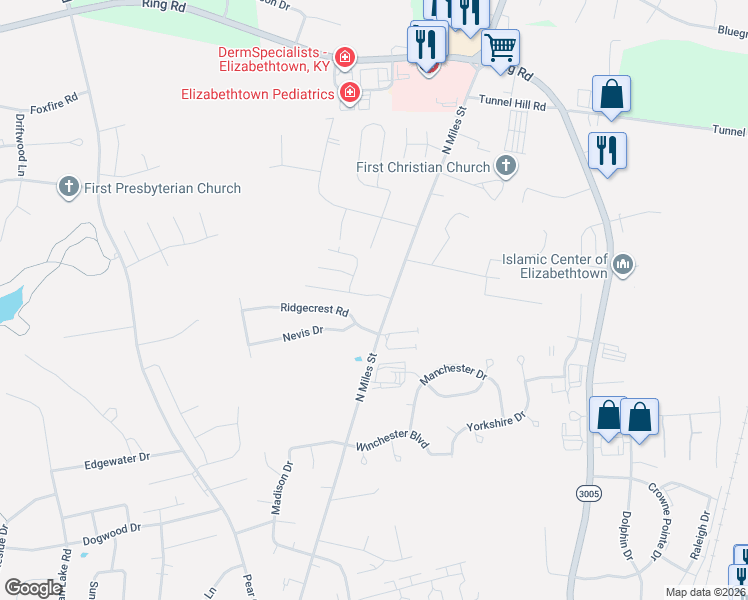 map of restaurants, bars, coffee shops, grocery stores, and more near 305 Ridgecrest Road in Elizabethtown