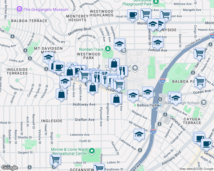 map of restaurants, bars, coffee shops, grocery stores, and more near 351 Brighton Avenue in San Francisco