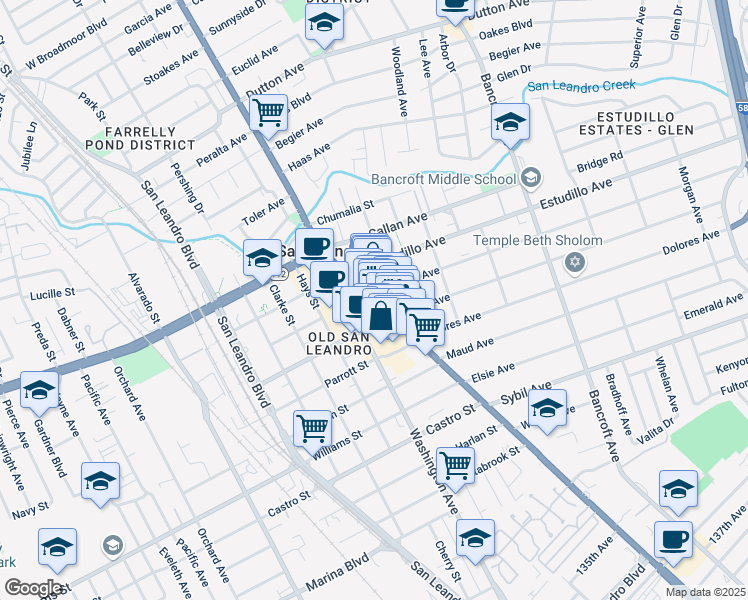 map of restaurants, bars, coffee shops, grocery stores, and more near 1505 California 185 in San Leandro