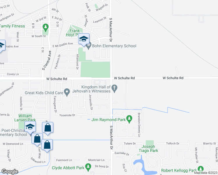 map of restaurants, bars, coffee shops, grocery stores, and more near 950 Peerless Court in Tracy