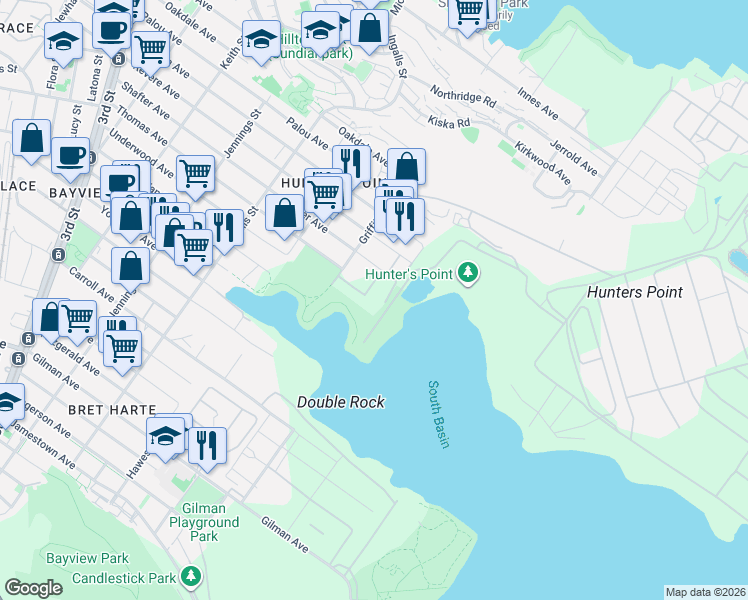 map of restaurants, bars, coffee shops, grocery stores, and more near 1020 Underwood Avenue in San Francisco
