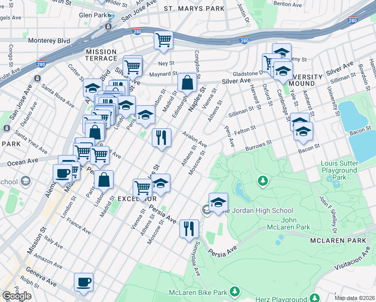 map of restaurants, bars, coffee shops, grocery stores, and more near 278 Athens Street in San Francisco