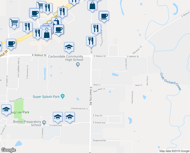 map of restaurants, bars, coffee shops, grocery stores, and more near 317 South Giant City Road in Carbondale