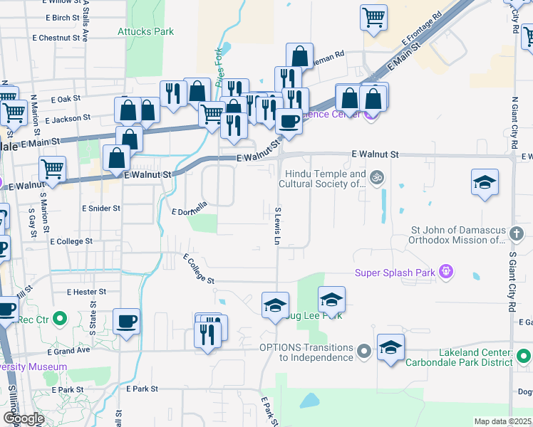 map of restaurants, bars, coffee shops, grocery stores, and more near 1001 East Cindy Street in Carbondale