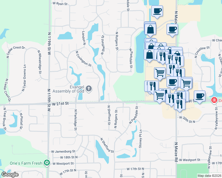 map of restaurants, bars, coffee shops, grocery stores, and more near 11126 West 21st Street North in Wichita