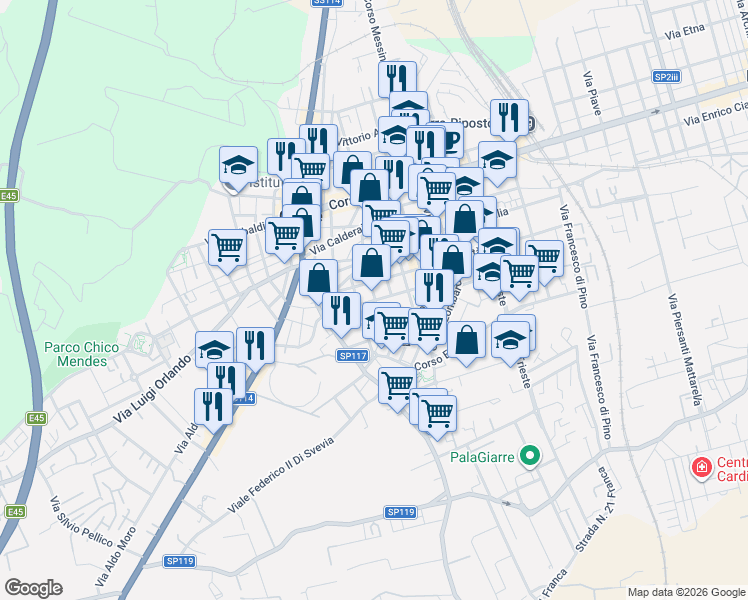map of restaurants, bars, coffee shops, grocery stores, and more near 52 Via Quintino Sella in Giarre