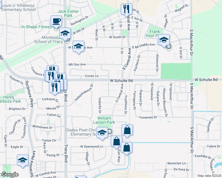 map of restaurants, bars, coffee shops, grocery stores, and more near 85 Phillip Court in Tracy
