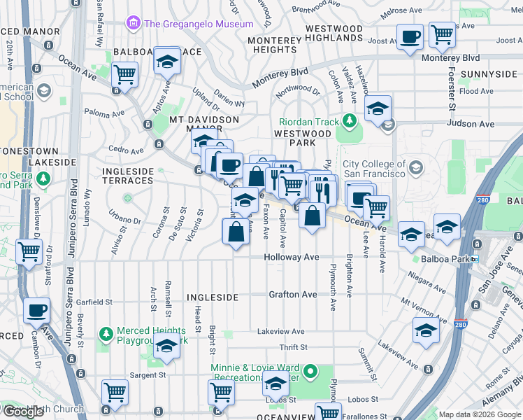 map of restaurants, bars, coffee shops, grocery stores, and more near 527 Faxon Avenue in San Francisco