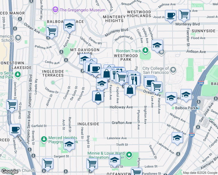 map of restaurants, bars, coffee shops, grocery stores, and more near 527 Faxon Avenue in San Francisco