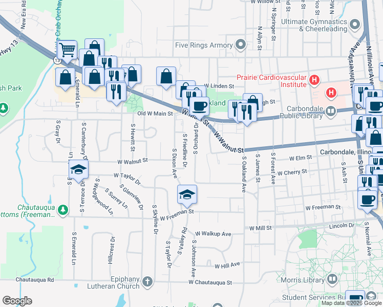 map of restaurants, bars, coffee shops, grocery stores, and more near 427 South Orchard Drive in Carbondale