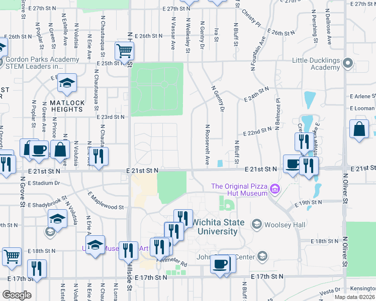 map of restaurants, bars, coffee shops, grocery stores, and more near 2221 North Yale Avenue in Wichita