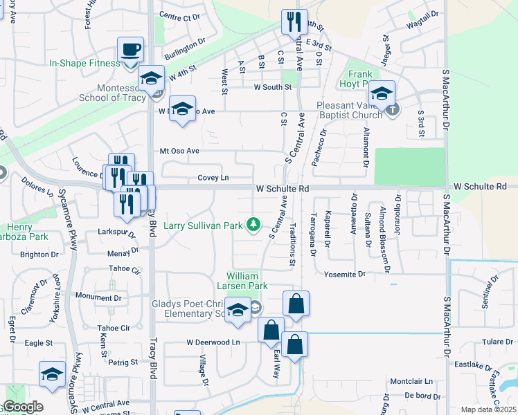 map of restaurants, bars, coffee shops, grocery stores, and more near 85 Phillip Court in Tracy