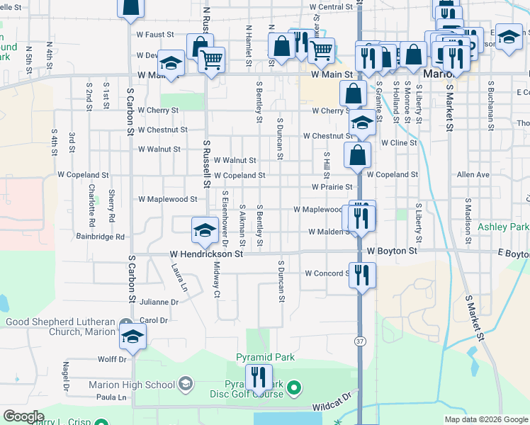 map of restaurants, bars, coffee shops, grocery stores, and more near 1100 West Malden Street in Marion