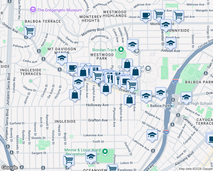 map of restaurants, bars, coffee shops, grocery stores, and more near Ocean Ave & Granada Ave in San Francisco