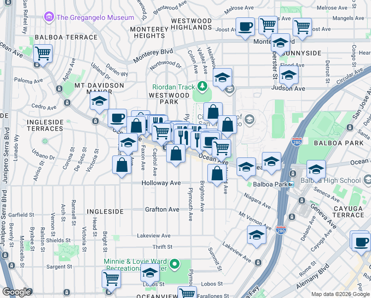 map of restaurants, bars, coffee shops, grocery stores, and more near 1300 Ocean Avenue in San Francisco