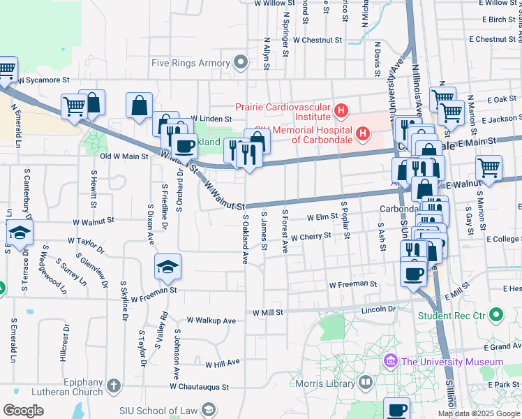 map of restaurants, bars, coffee shops, grocery stores, and more near 811 West Walnut Street in Carbondale