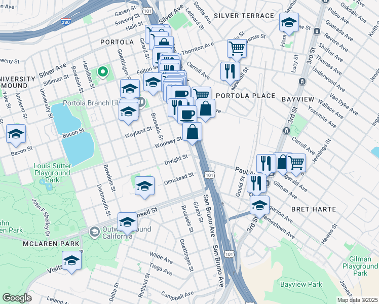 map of restaurants, bars, coffee shops, grocery stores, and more near 2 Dwight Street in San Francisco