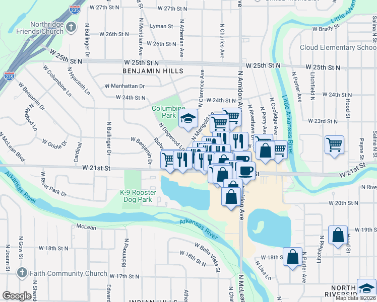 map of restaurants, bars, coffee shops, grocery stores, and more near 2222 Marigold St in Wichita