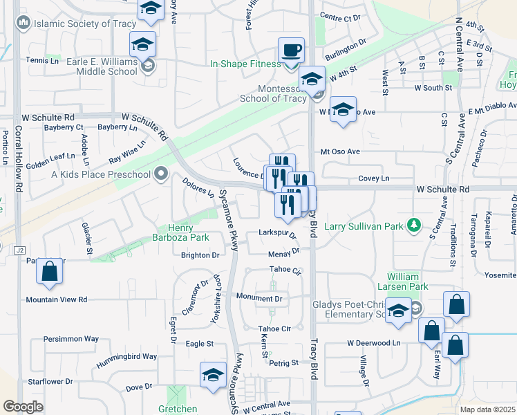 map of restaurants, bars, coffee shops, grocery stores, and more near 982 Vernon Berry Lane in Tracy