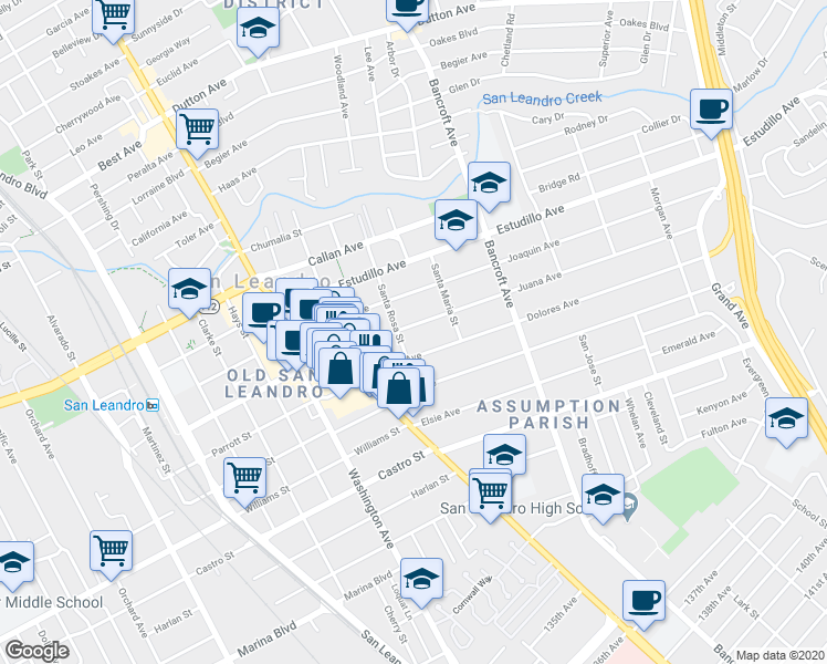 map of restaurants, bars, coffee shops, grocery stores, and more near 1588 Santa Rosa Street in San Leandro