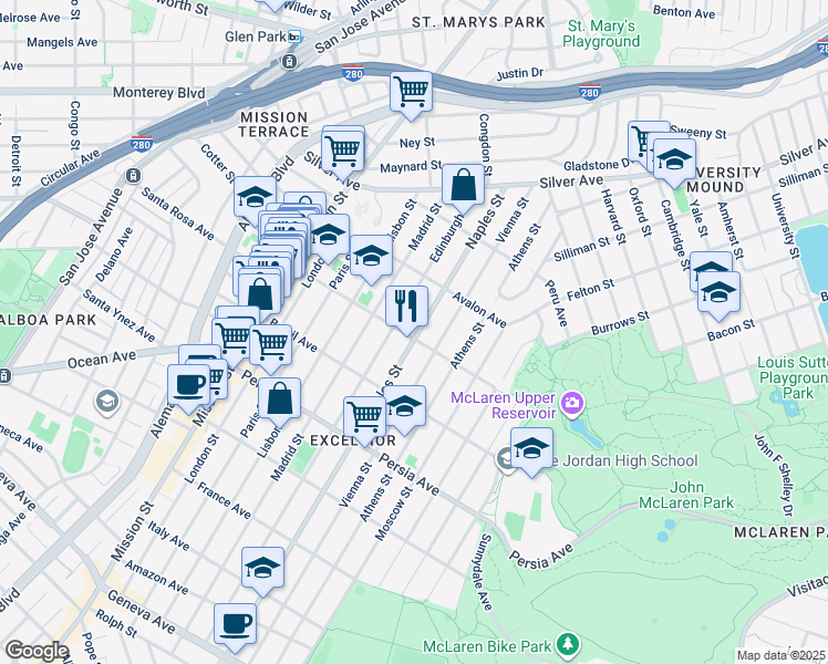 map of restaurants, bars, coffee shops, grocery stores, and more near 314 Vienna Street in San Francisco