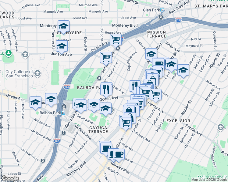 map of restaurants, bars, coffee shops, grocery stores, and more near in San Francisco