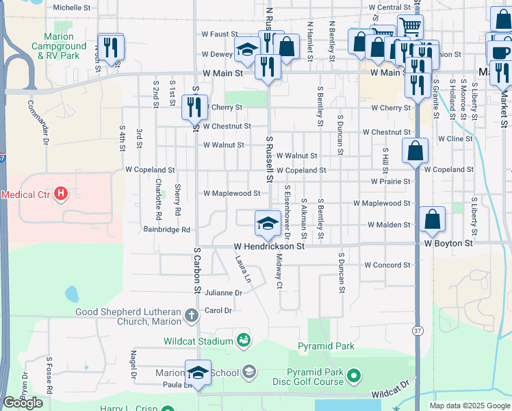 map of restaurants, bars, coffee shops, grocery stores, and more near 1500-1598 W Malden St in Marion