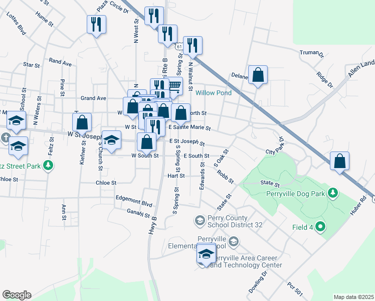 map of restaurants, bars, coffee shops, grocery stores, and more near in Perryville