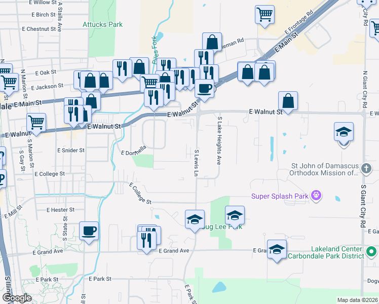 map of restaurants, bars, coffee shops, grocery stores, and more near 1001 East Cindy Street in Carbondale