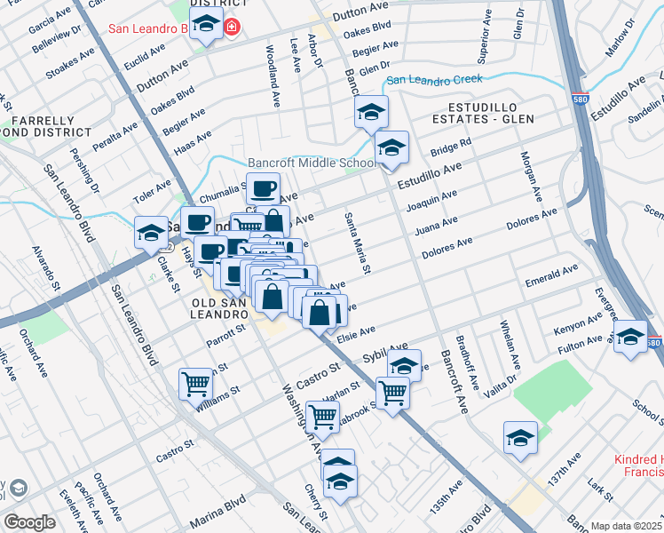 map of restaurants, bars, coffee shops, grocery stores, and more near 1588 Santa Rosa Street in San Leandro