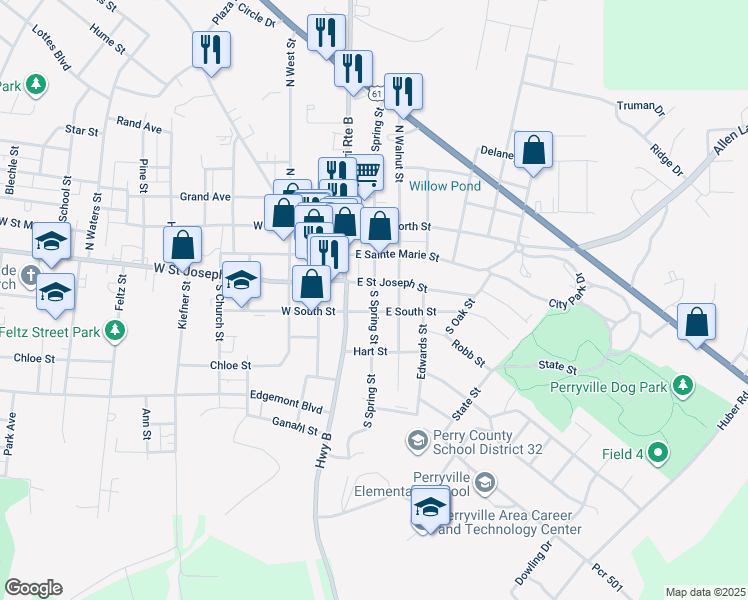 map of restaurants, bars, coffee shops, grocery stores, and more near in Perryville