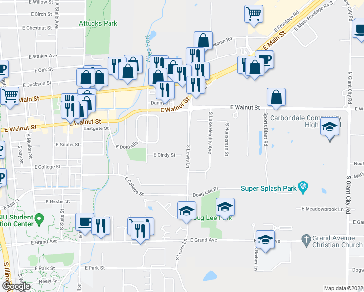 map of restaurants, bars, coffee shops, grocery stores, and more near 250 South Lewis Lane in Carbondale