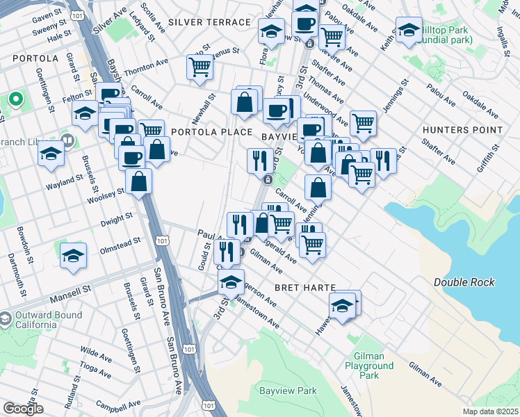 map of restaurants, bars, coffee shops, grocery stores, and more near 1474 Egbert Avenue in San Francisco