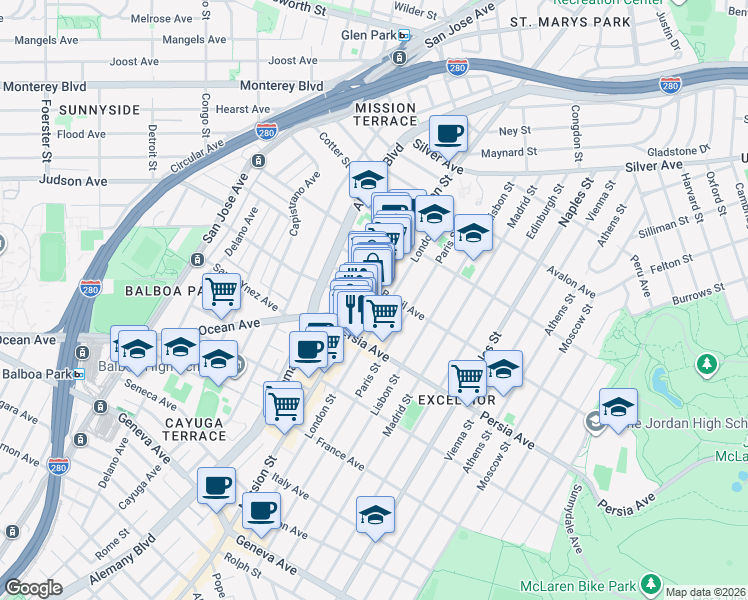map of restaurants, bars, coffee shops, grocery stores, and more near 347 London Street in San Francisco