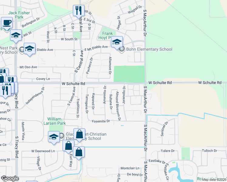map of restaurants, bars, coffee shops, grocery stores, and more near 300 West Schulte Road in Tracy