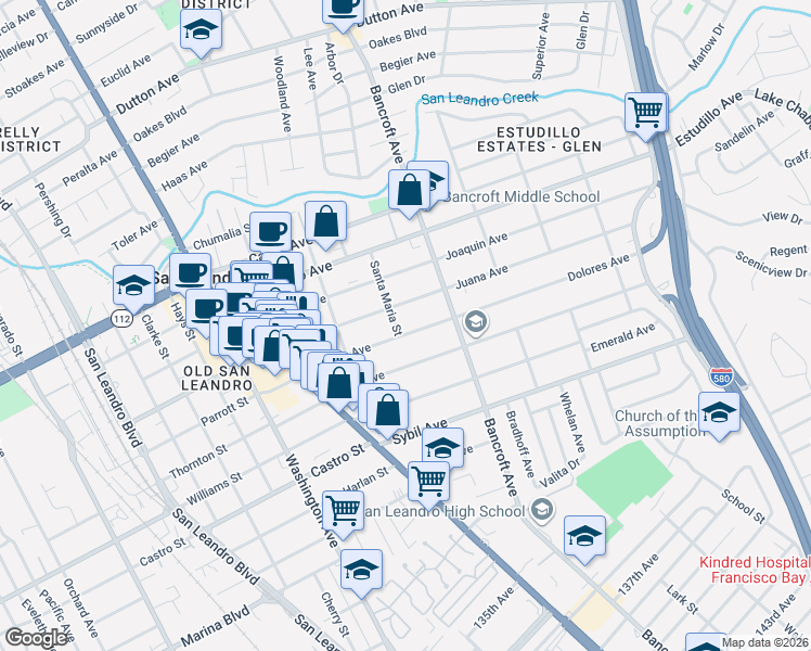 map of restaurants, bars, coffee shops, grocery stores, and more near 555 Juana Avenue in San Leandro