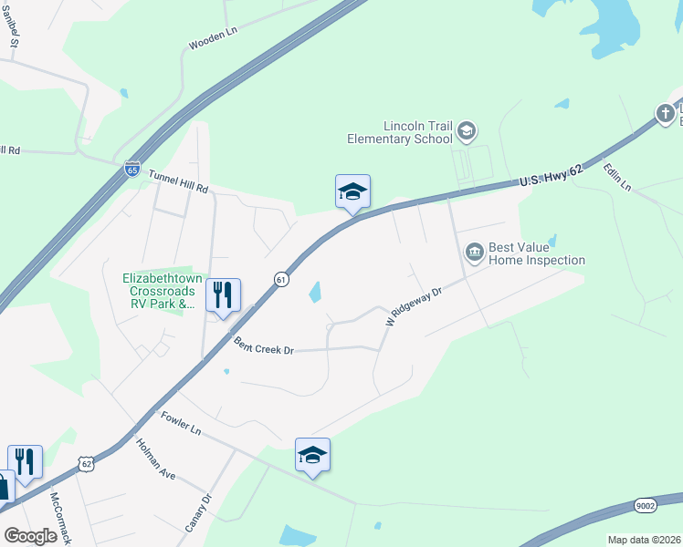 map of restaurants, bars, coffee shops, grocery stores, and more near 3321-3699 Highway 61 in Elizabethtown