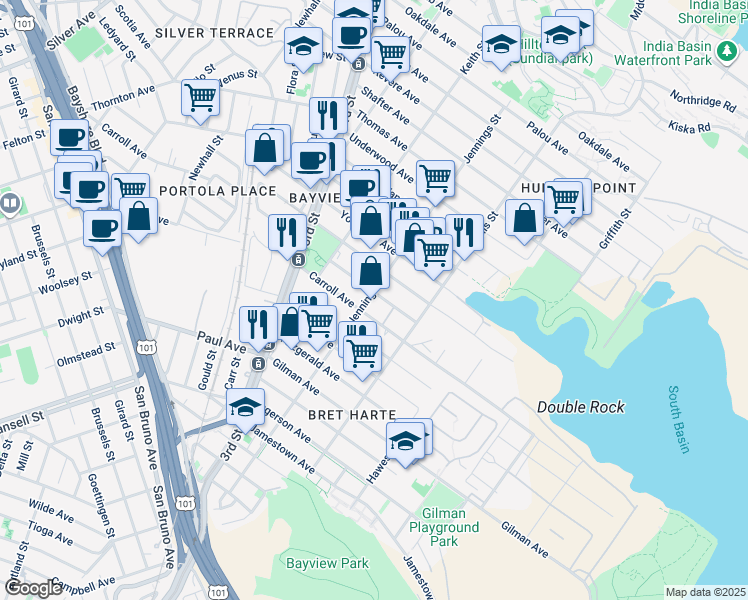 map of restaurants, bars, coffee shops, grocery stores, and more near 1508 Bancroft Ave in San Francisco