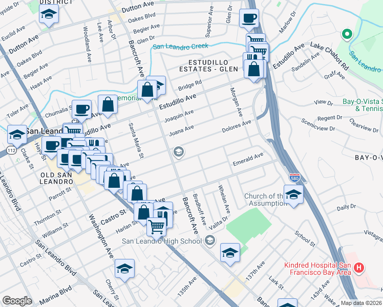 map of restaurants, bars, coffee shops, grocery stores, and more near 674 Maud Avenue in San Leandro