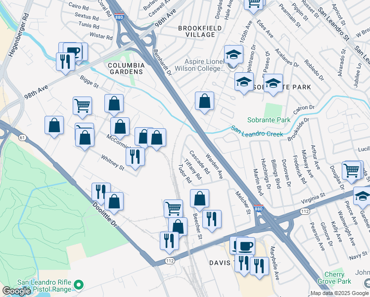 map of restaurants, bars, coffee shops, grocery stores, and more near 469 Cascade Road in San Leandro