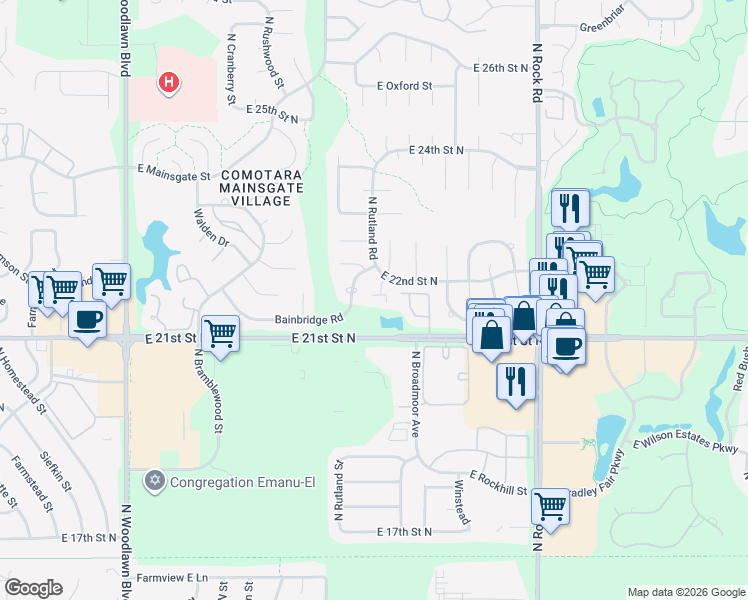 map of restaurants, bars, coffee shops, grocery stores, and more near 7333 East 22nd Street North in Wichita
