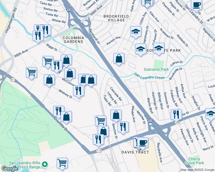 map of restaurants, bars, coffee shops, grocery stores, and more near 469 Cascade Road in San Leandro