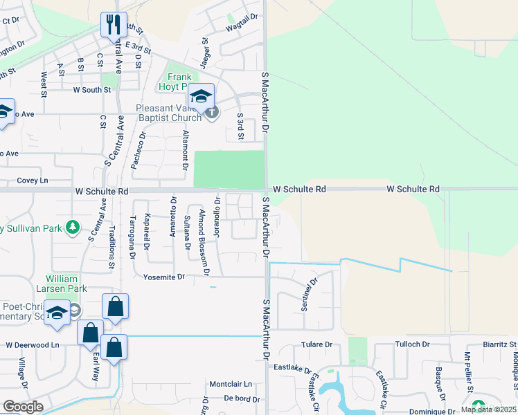 map of restaurants, bars, coffee shops, grocery stores, and more near 525 Peerless Way in Tracy